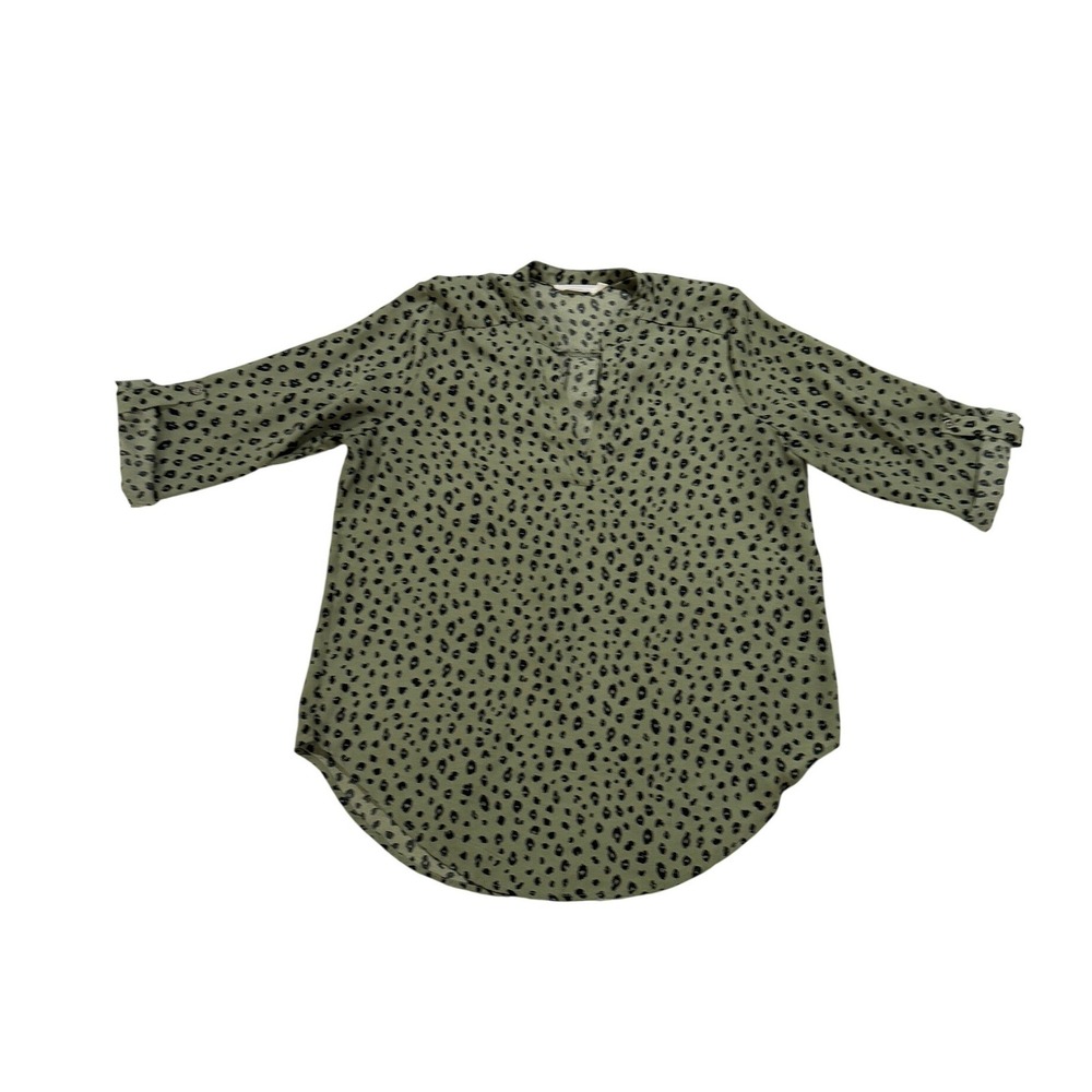 Lush Sage Green Leopard Print Blouse Roll Tab Sleeve Tunic Top Womens L